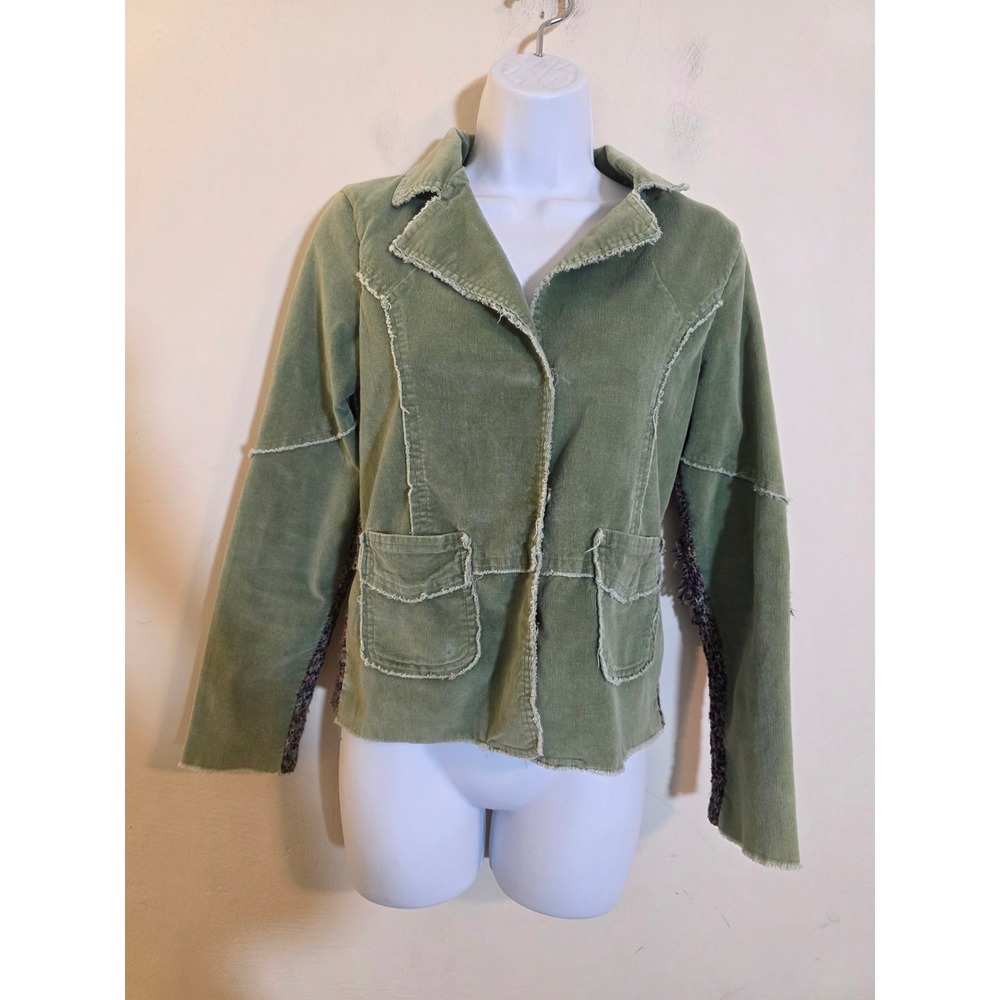 One Girl Who Sage Grn Corduroy Mixed Media Knit Back Jacket S DistressedRaw Edge